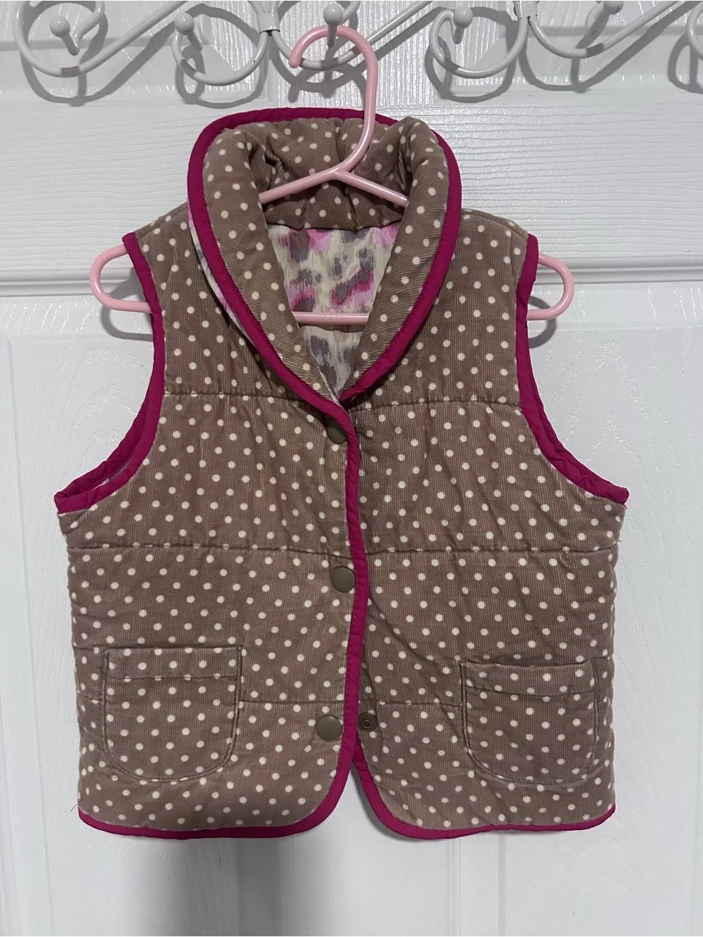 Girls Tan Polka Dot Corduroy Quilted Vest with Pink Trim. Size 4/5T